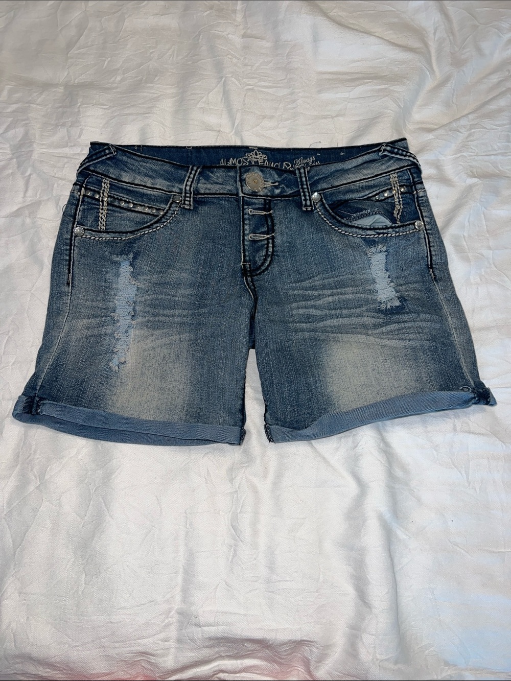 Almost Famous Medium Blue Distressed Roll-Cuff Denim Shorts